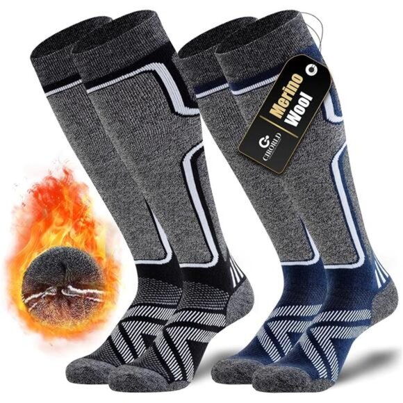 2 Pairs Knee High Merino Wool Ski Thermal Socks, Black & Blue